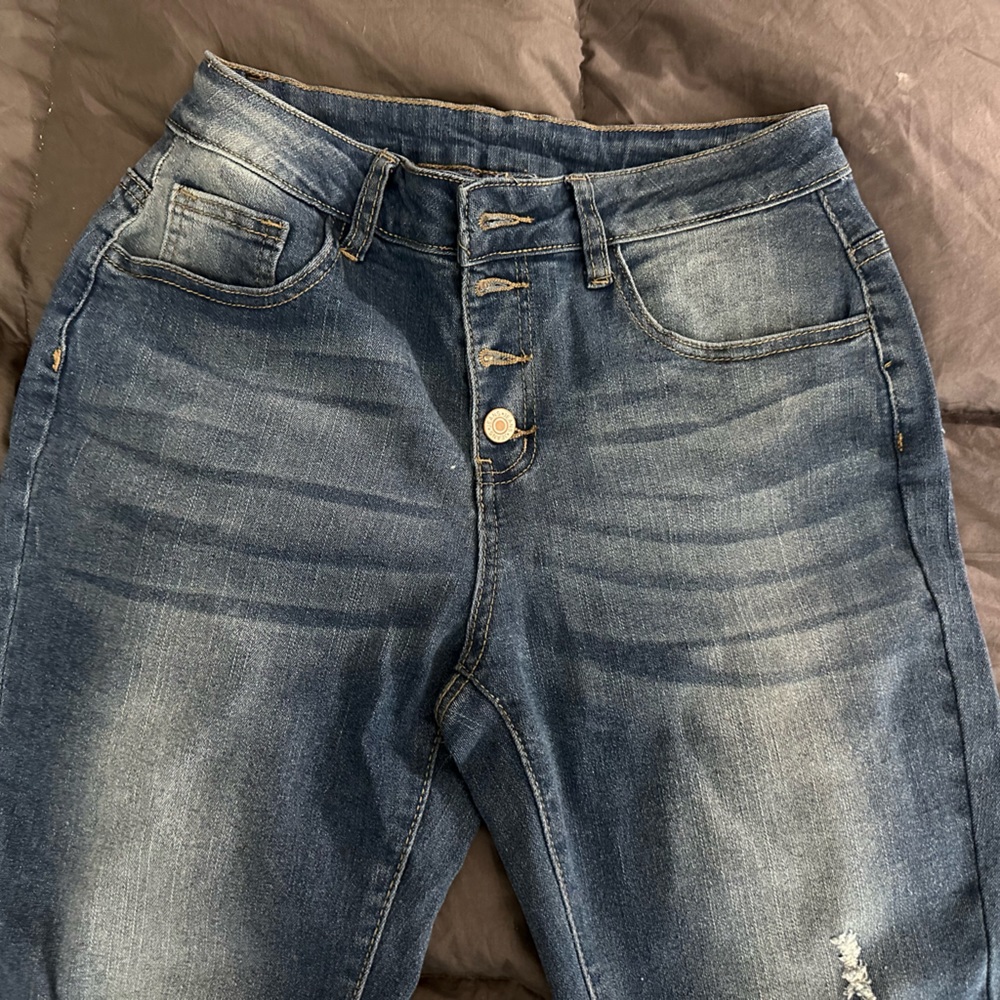 Button Fly Ripped Washed Color Jeans - Picture 2 of 6